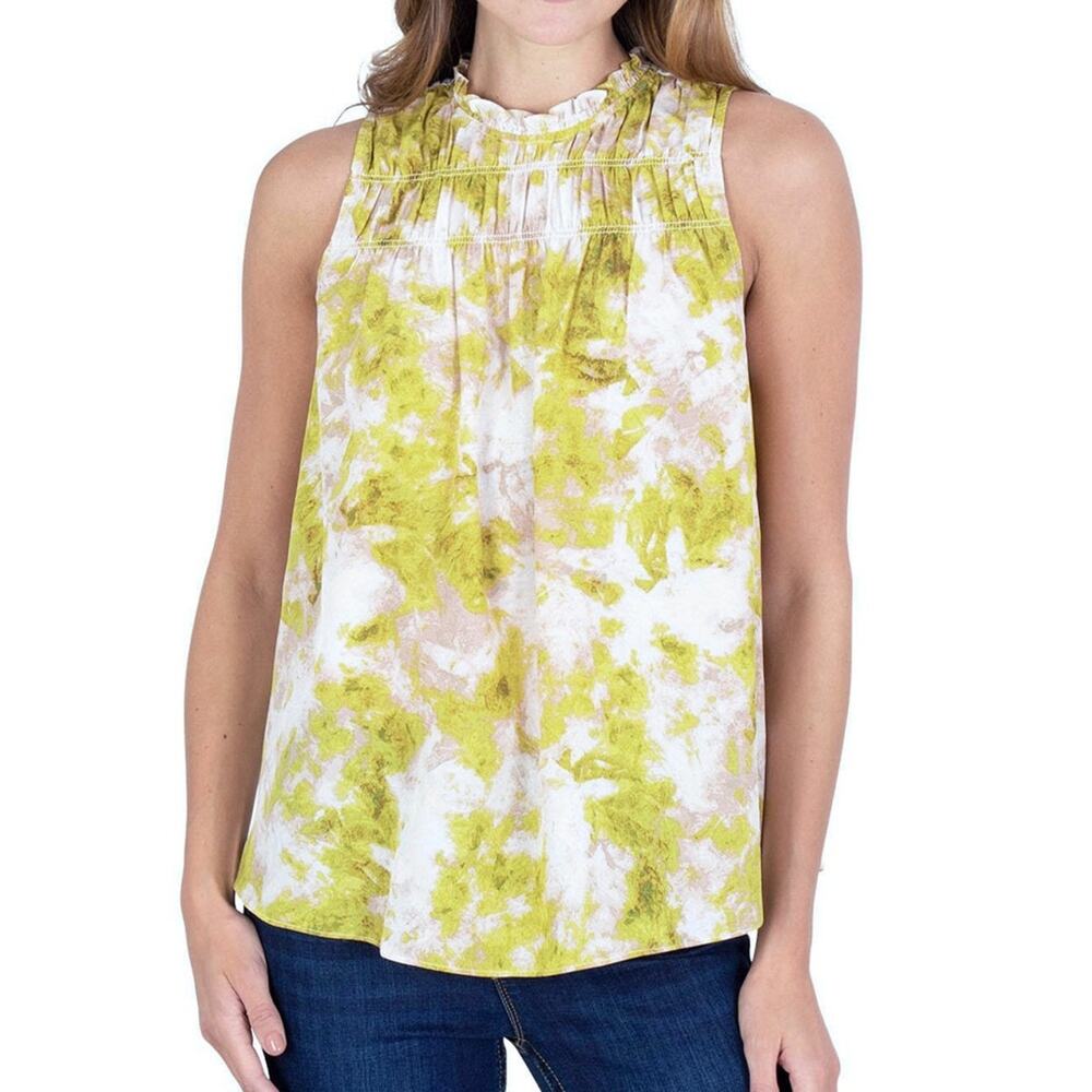 Joie Summer Porcelain Abstract Print Smocked Neck Sleeveless Blouse Size XL